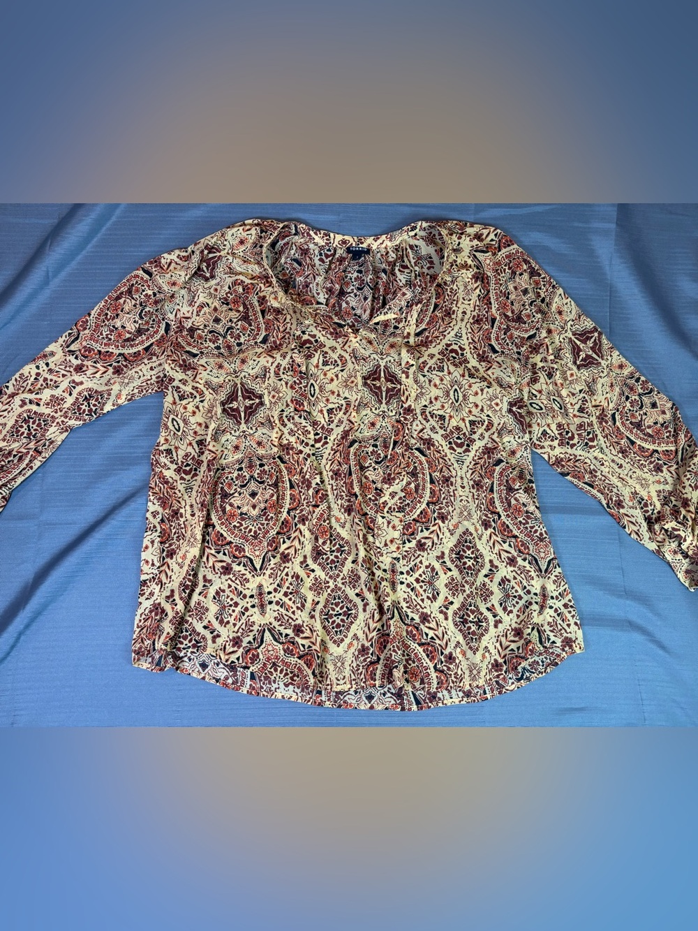 Torrid Size 3X Boho Paisley Peasant Blouse Tie Neck Long Sleeve Top